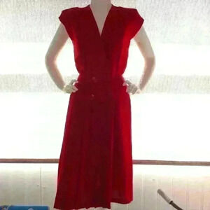 Classic Vintage Red V-Neck Linen Midi Dress Size 7